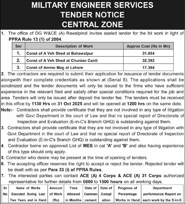 Military Engineer Service Tender Notice